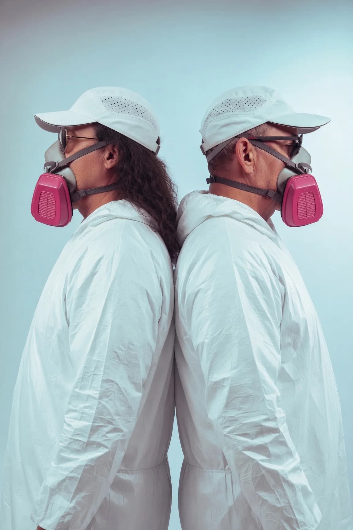 The BrushStrokes duo standing back to back in white caps, painting suits, and respirators